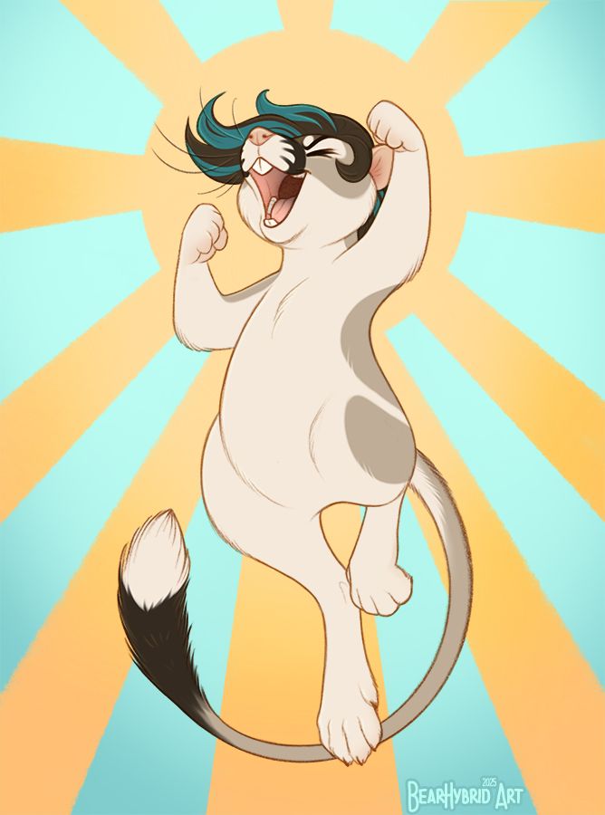 A banner tailed kangaroo rat character jumping up with a HELL YEAH expression on her face, against a sunburst backdrop.