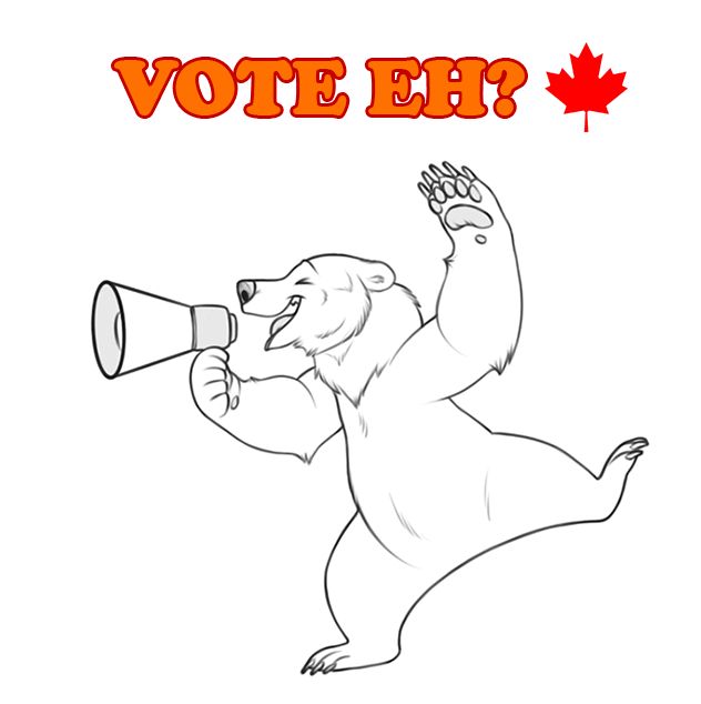 Holly bear with a megaphone asking Canadians to go vote today