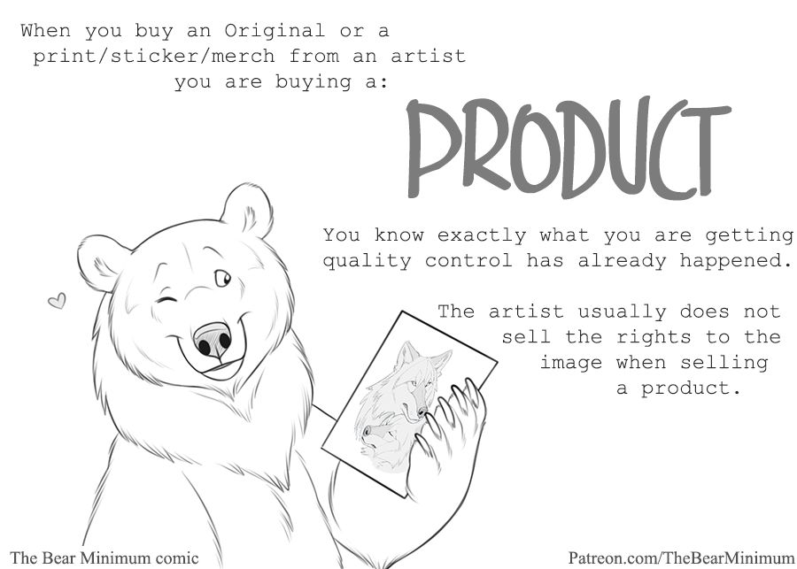 Text reads: "When you buy an Original or a print/sticker/merch from an artist you are buying a: PRODUCT. You know exactly what you are getting, quality control has already happened. The artist usually does not sell the rights to the image when selling a product."
A drawing of Holly bear Holding up an original artwork on paper, winking with a loveheart.
