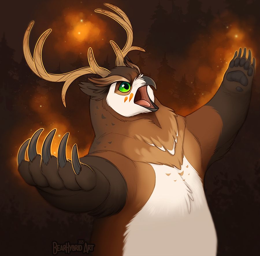 An owlbear stands up on it's back legs, arms spread wide in a semi-threatening gesture. Beak wide open for screeching. This is a combination of two of my other designs hence the antlers.