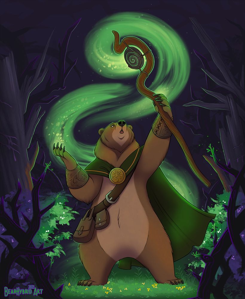 Fanart of Sana from Armello. Commissioned originally by my awesome patron BYGZGZ :D She is standing in a darkened corrupted forest. Her bright green druidic magic is purifying the vegetation around her.