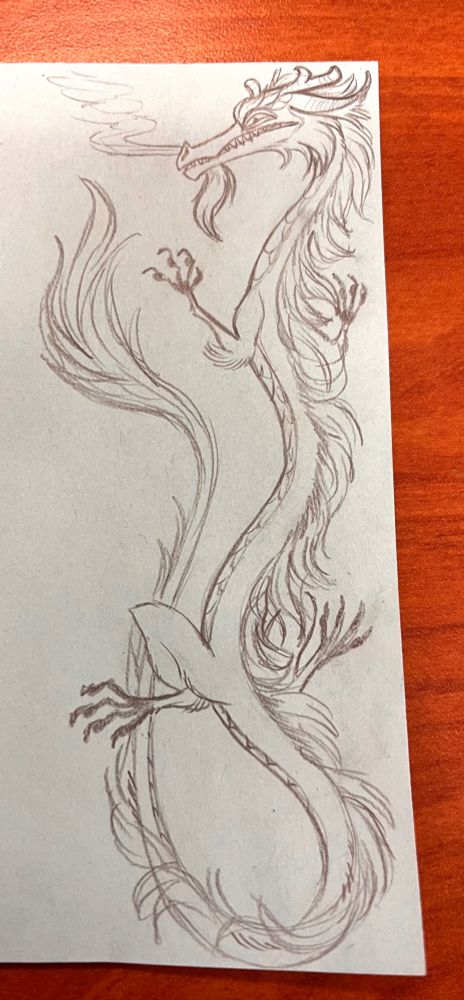 A long eastern dragon grimacing and smoking from their nostrils