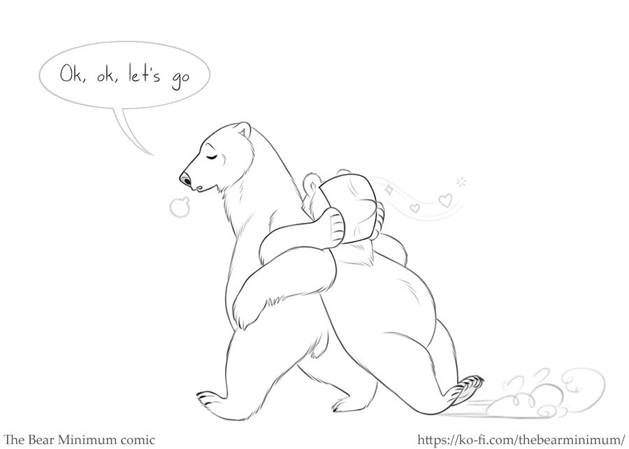 Husburr returns, hooking his arm around Holly's to drag her along saying "Ok, ok, let's go" as he sighs resigned to hauling her. Hollybear meanwhile has her face fully wedged in the artwork and hearts and sparkles are streaming off her as she is pulled along.