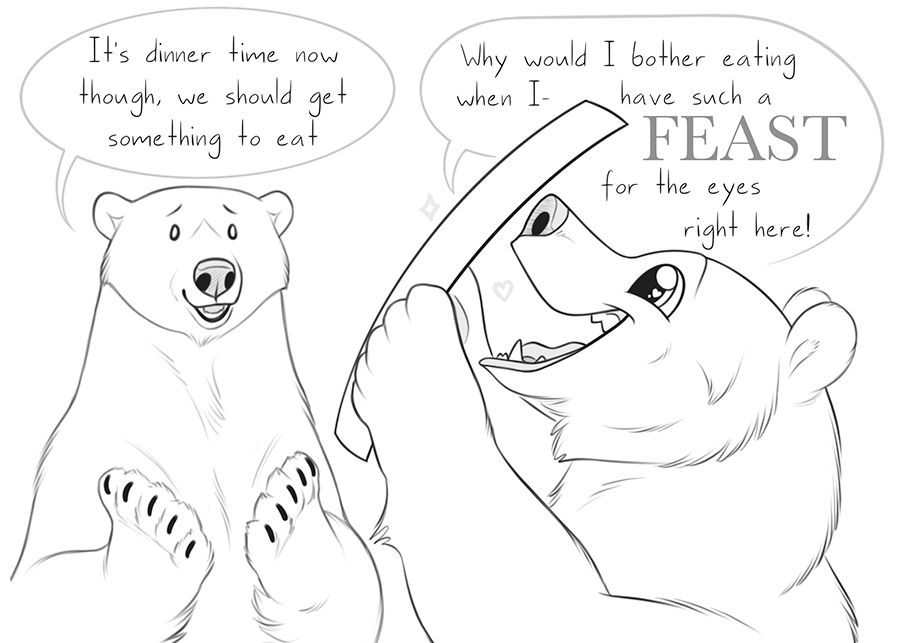 Switching view again Husburr has moved off & is suggesting Holly should follow saying: "It's dinner time now though, we should get something to eat" Holly bear is still excitable, raising the artwork up so she can look at it from a new angle, replying: "Why would I bother eating when I have such a FEAST for the eyes right here!"