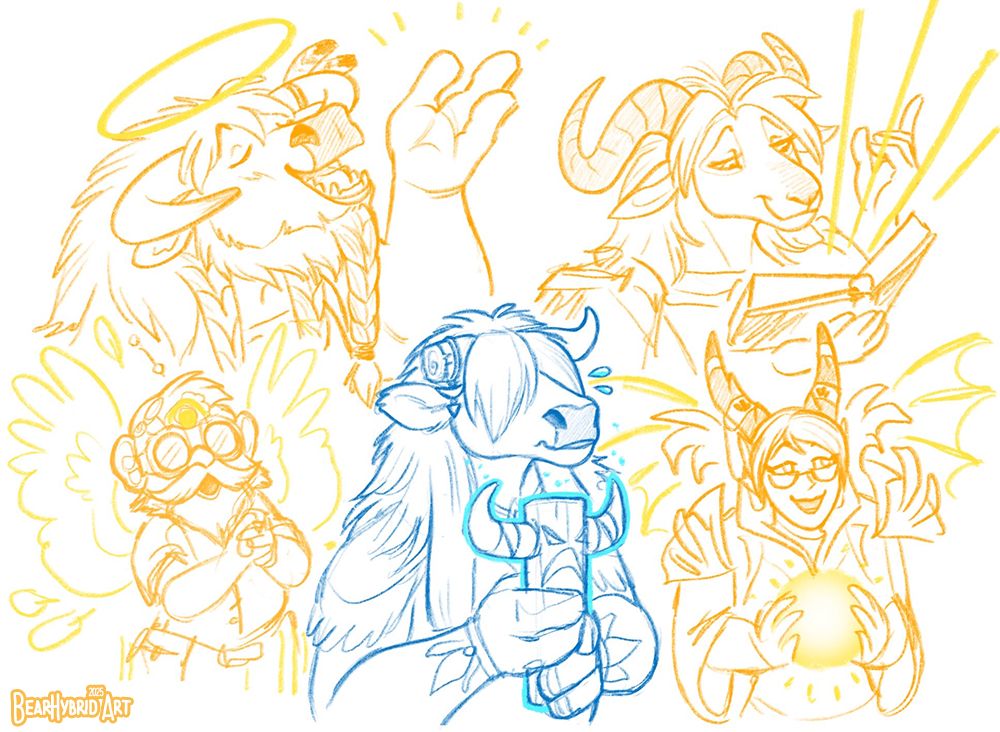 Stormcall the Tauren shaman standing amid her fellow healers who are all a BRIGHT holy colors casting even brighter holy spells. A tauren priest, Gnome priest, spacegoat paladin & visage dracthyr priest.