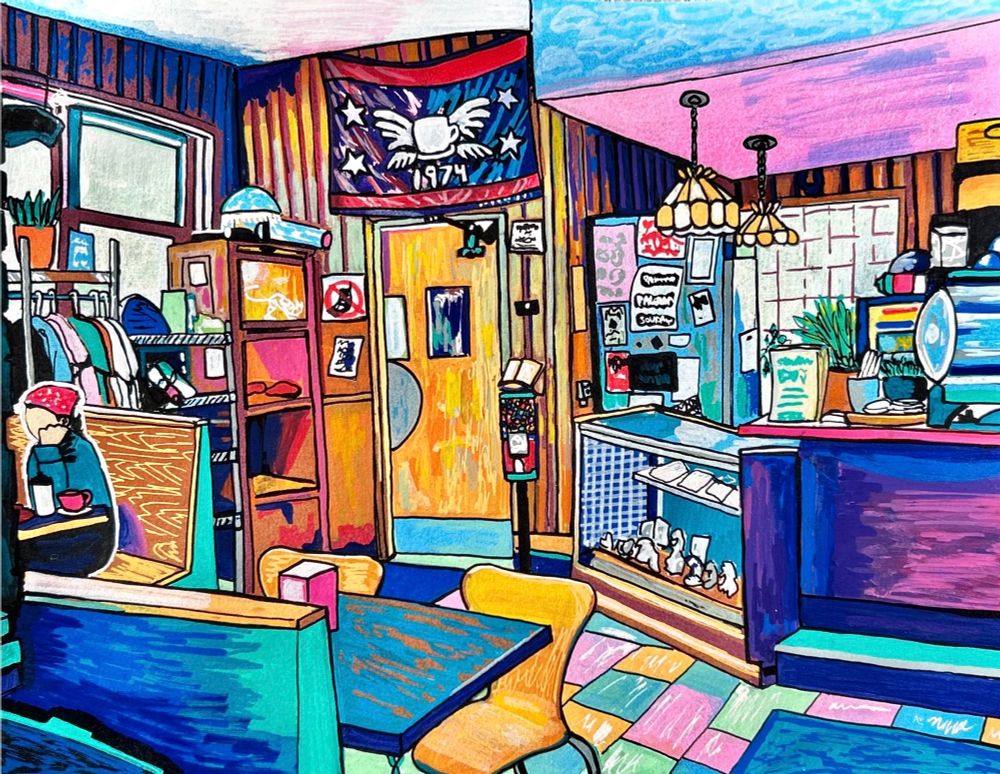 View of inside of coffee shop, front counter, door and table with person sitting . Shades of pink, blue, purple, green and yellow 