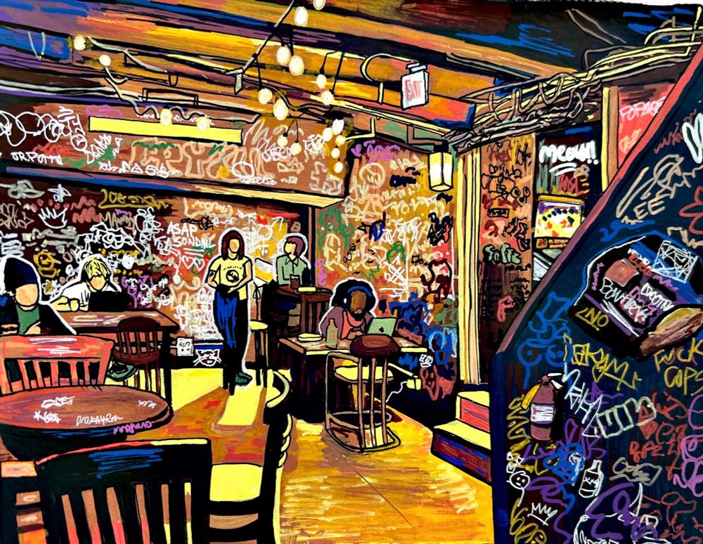 Paint marker art of the basement of a coffee shop. People sitting at tables and walls covered in graffiti. 
