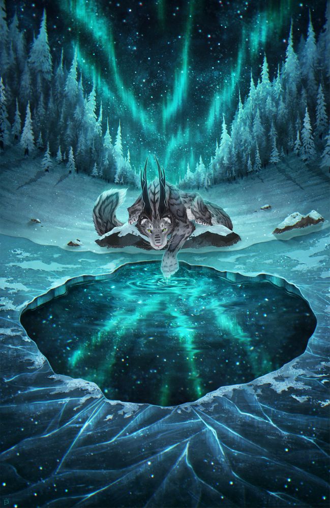 Wintery landscape scene at night. There's a frozen lake in the foreground  with a hole showing the water underneath, where a starry night sky and aurora are reflected. Tya, a snow leopard character with horns, is resting on a snow covered rock in the centre, swirling the reflected starry sky with their paw.