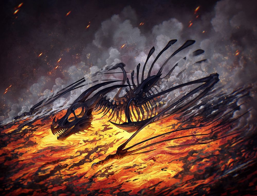 A black wyvern skeleton resting on lava. Smoke is coming off the bones and lava, with a few fire embers floating away.