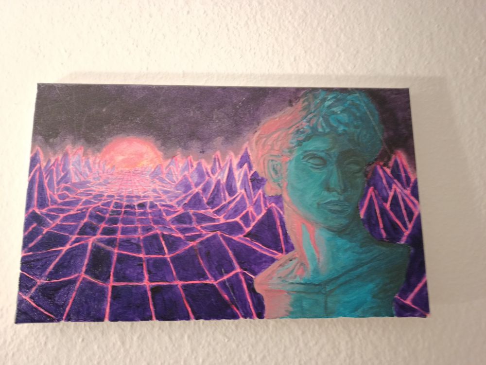 ein rechteckiges gemälde mit einer fraktal-grid landschaft mit lila polygonen und neonpinken linien die auf eine pinke sonne hinausläuft, rechts im bild eine türkise antike büste eines jungen mannes