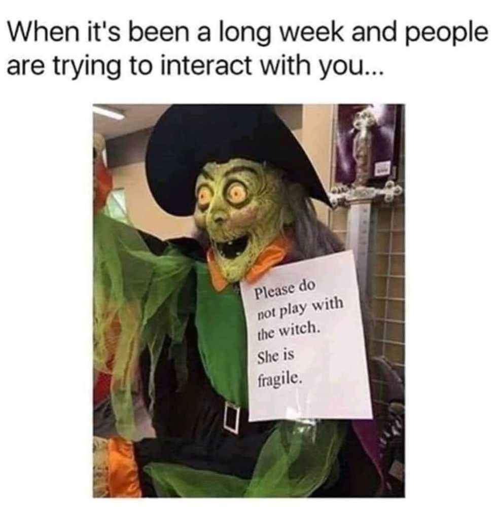 The heading reads "When it's been a long week and people are trying to interact with you..." Below is an image of a Halloween decoration -- a large, green faced witch in green and black with a black hat. Her eyes are wide and it's really hard to tell if she's just screaming or if her smile is just huge and terrifying. Taped to her front is a sign that reads "Please do not play with the witch. She is fragile."