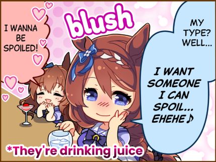 super creek and maruzensky umamusume pretty derby are drinking together at the bar. super creek says "my type? well... I want someone i can spoil... hehehe" to which a giggly little maruzensky next to her replies "I wanna be spoiled!"