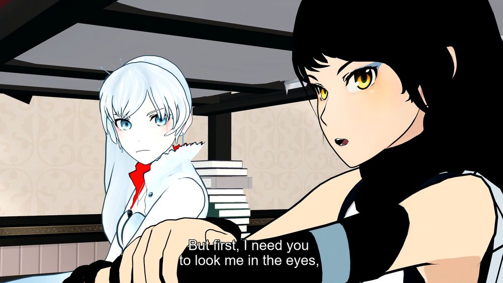 a rwby v3 screenshot after yang is perceived to have broken mercury's leg unprovoked where blake asks her to look her in the eyes when promising she didn't. she directly states it feels familiar to adam and needs that reassurance