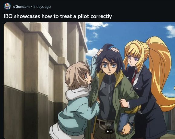 a reddit post saying "IBO showcases how to treat a pilot correctly" with images of mikazuki and azee getting their heads pat