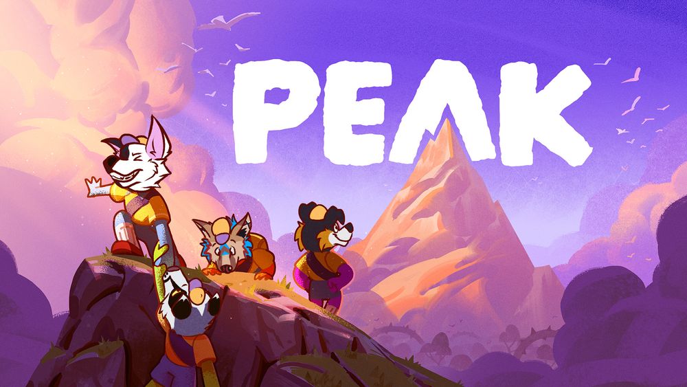 PEAK desktop banner, sky with mountain in the background with a lil cliff in the forefront. 4 individuals with Solis, Pyro, Rigby, and Pip's fursona's head drawn on them. Pip is dangling from the cliff, Solis is trying to pull him up while Rigby stares majestically into the background