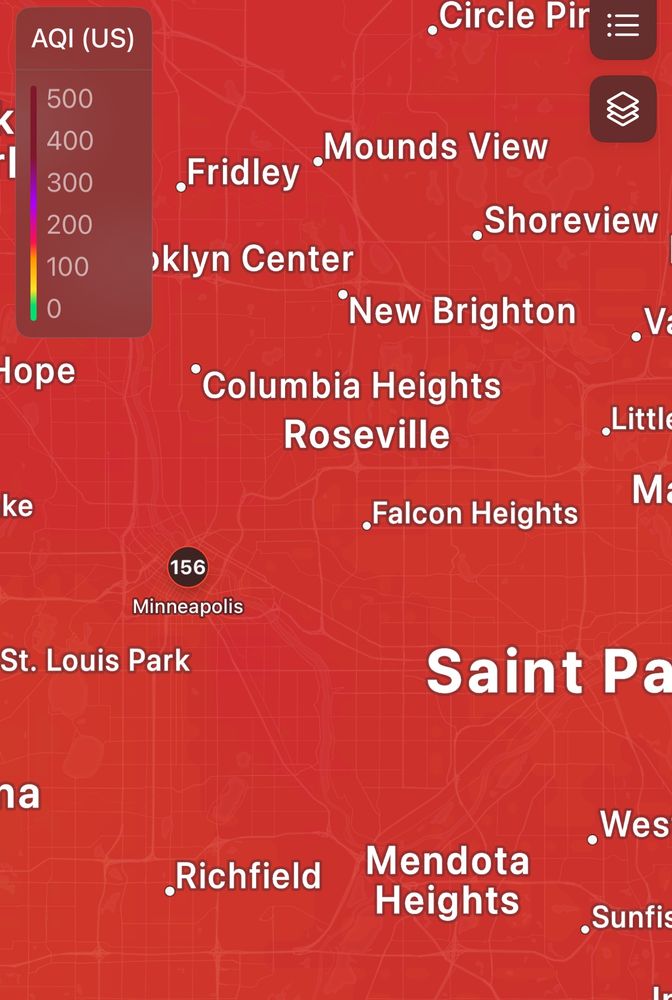 AQI map of the twin cities in all red with a score of 156. 