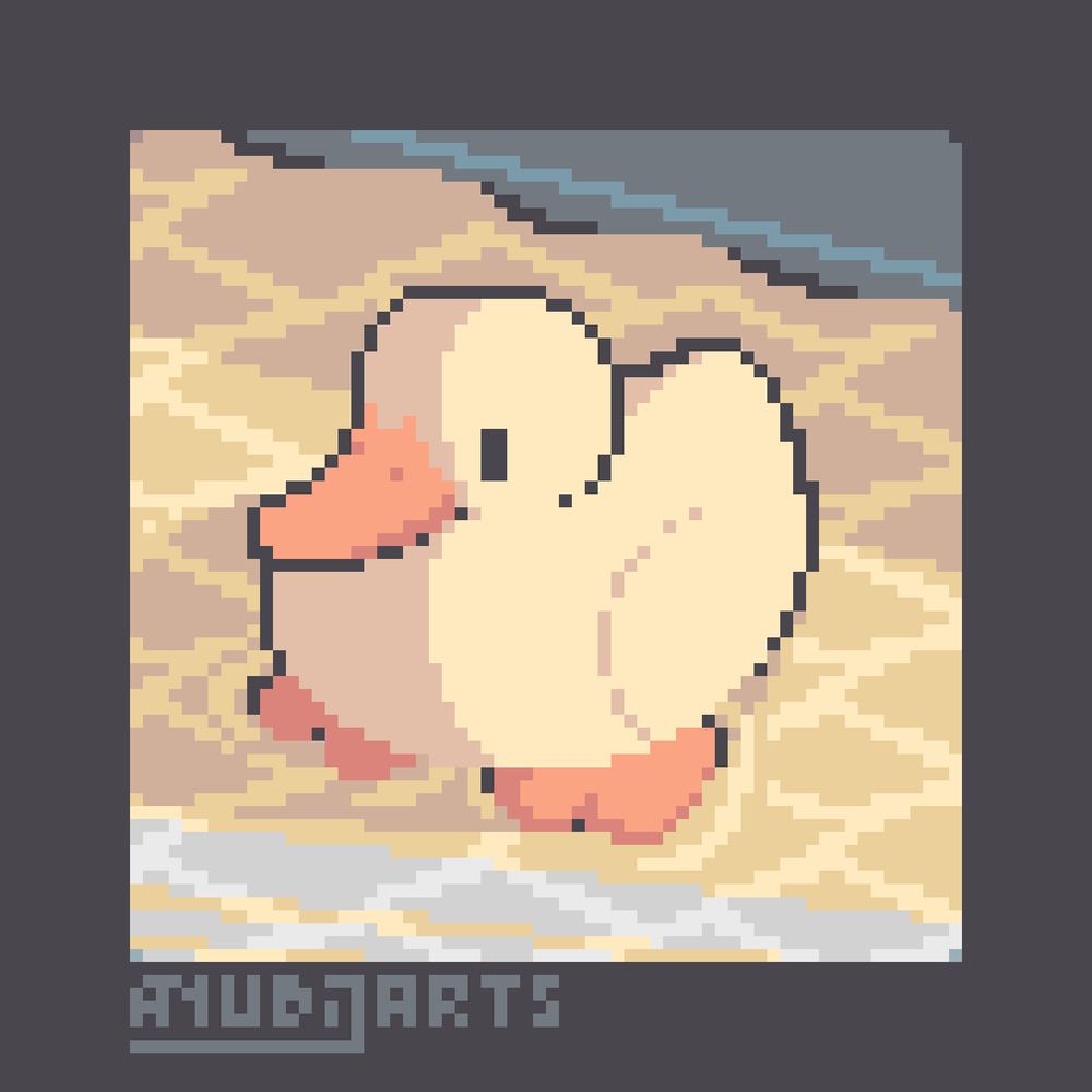 A Pixel Redraw of a Duck sitting in a place with a tiny bit of water, looking at the side without any thoughts, just pure relaxation.