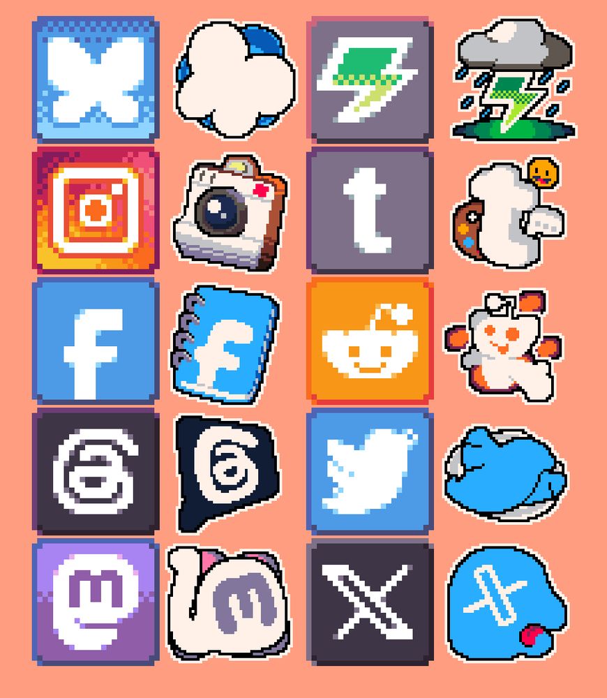 A Pixel Art Collection of 10 Icons, those being the ones of Bluesky, Instagram, Facebook, Threads, Mastodon, Game Jolt, Tumblr, Reddit, Twitter and X. the ones to the left follow the design of the original logos very closely, while the ones on the right are doing more unique things with them.

Bluesky's butterfly logo is flying diagonally now, with some blue blobs around it
Instagram's logo is now an actual camera
Facebook's logo is an actual notebook, with a F on a blue background plastered on it
Thread's logo is a message with an "at" inside
Mastodon's logo has the trunk going up instead of down, with some blobs behind it
Game Jolt's logo is part of an actual thunderstorm now
Tumblr's logo is surrounded by things such as a palette, a message and an emoji
Reddit's character is now popping out of a "portal", welcoming you with extended arms
Twitter's bird is flying across the skies now, with some clouds behind it
X's logo now features Twitter's bird head being dead behind it, with the X covering where the eye should be