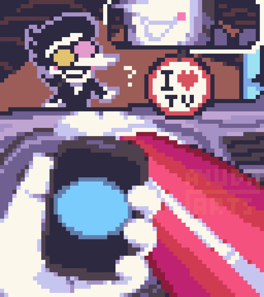 A Pixel Fanart of Deltarune (chapter 3 specifically), featuring Tenna and Spamton.

Tenna is driving a car while looking in his phone at a photo of Pipis, not looking at the way where Spamton is. Spamton has his head tilted curious at what Tenna is doing, not realizing that he's about to be ran over.
