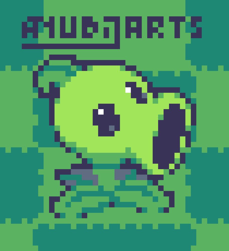 A Pixel Fanart of the Peashooter's Retro Skin from Plants vs Zombies Replanted. They have a chibi, cutesy form and are looking at the right in a tilted way. They're placed on the yard, too. Palette used is Island Joy 16.