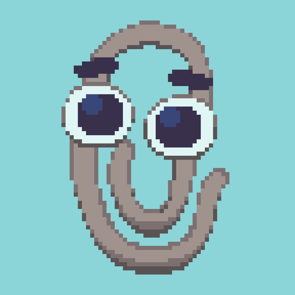 A Simple Pixel Art featuring Clippy, the clip assistant, looking at you. He has a cartoony design.

Reminder that my art is licensed under CC-BY-SA 4.0, just felt like pointing that out for no reason.