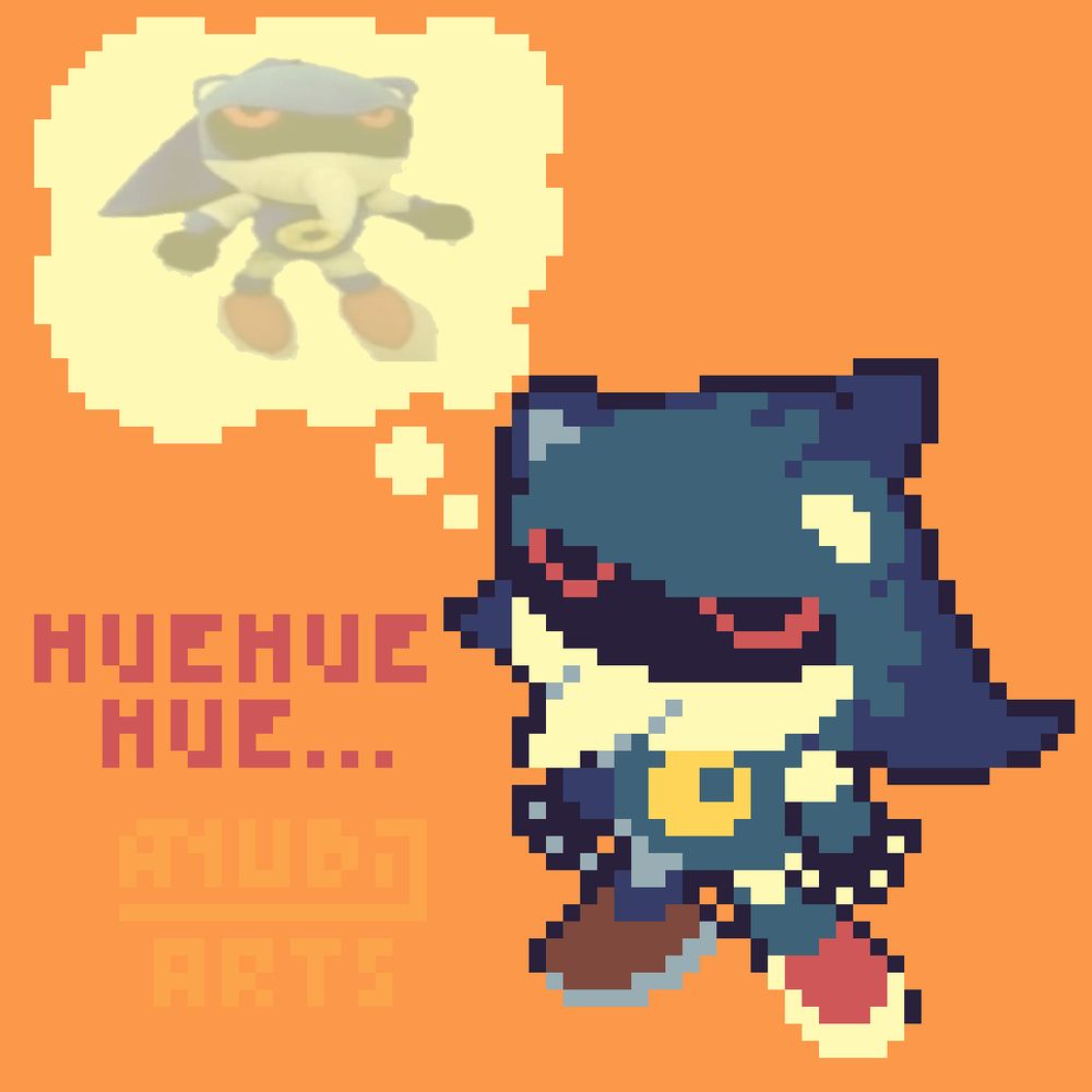 A Pixel Fanart of a metal sonic plushie knock-off that became a meme. He's staring above at the viewer while saying "hue hue hue..."

They're also thinking of their real life counterpart.

This is the peak of my art, everything will go downhill from here.