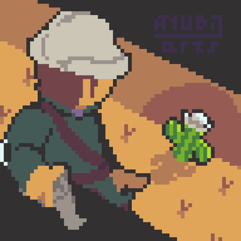 A Pixel Art featuring a cowboy, who has grabbed his weapon and is ready to shoot at his strongest adversary yet... A cactus with a hat.

the piece is at an angle, and the cowboy has a dynamic pose, there are also some black bars at the top right and bottom left.