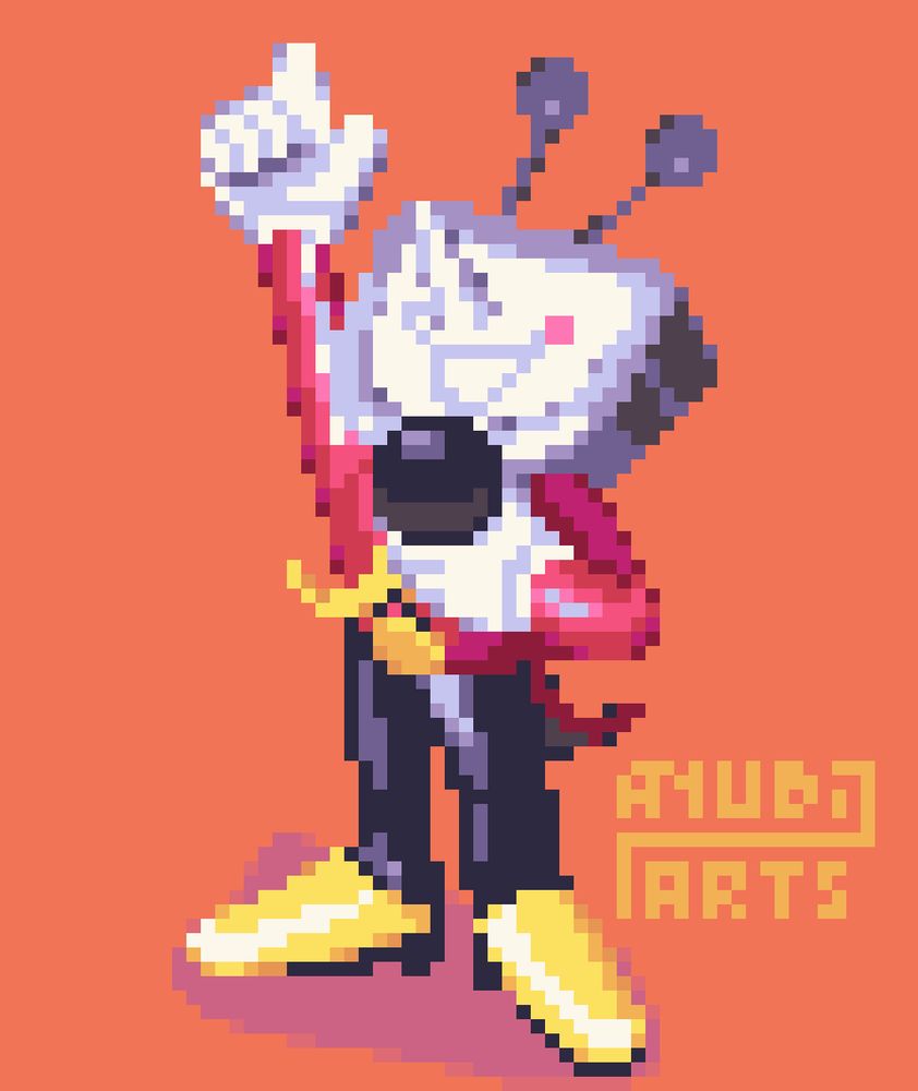 A Pixel Fanart of Tenna from Deltarune Chapter 3. He has a happy expression, while pointing to the sky with one hand and holding a microphone close to his mouth with the other. Expect more art of him, maybe.