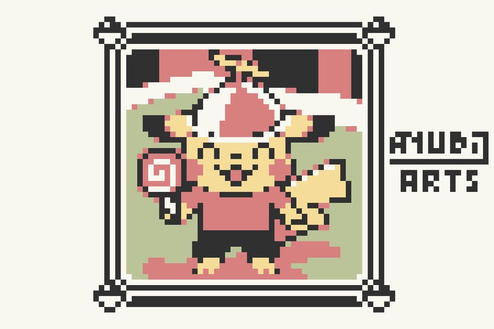 Another Pixel Fanart of Pikachu, dressed like a child with a spinny hat and a big lollipop.