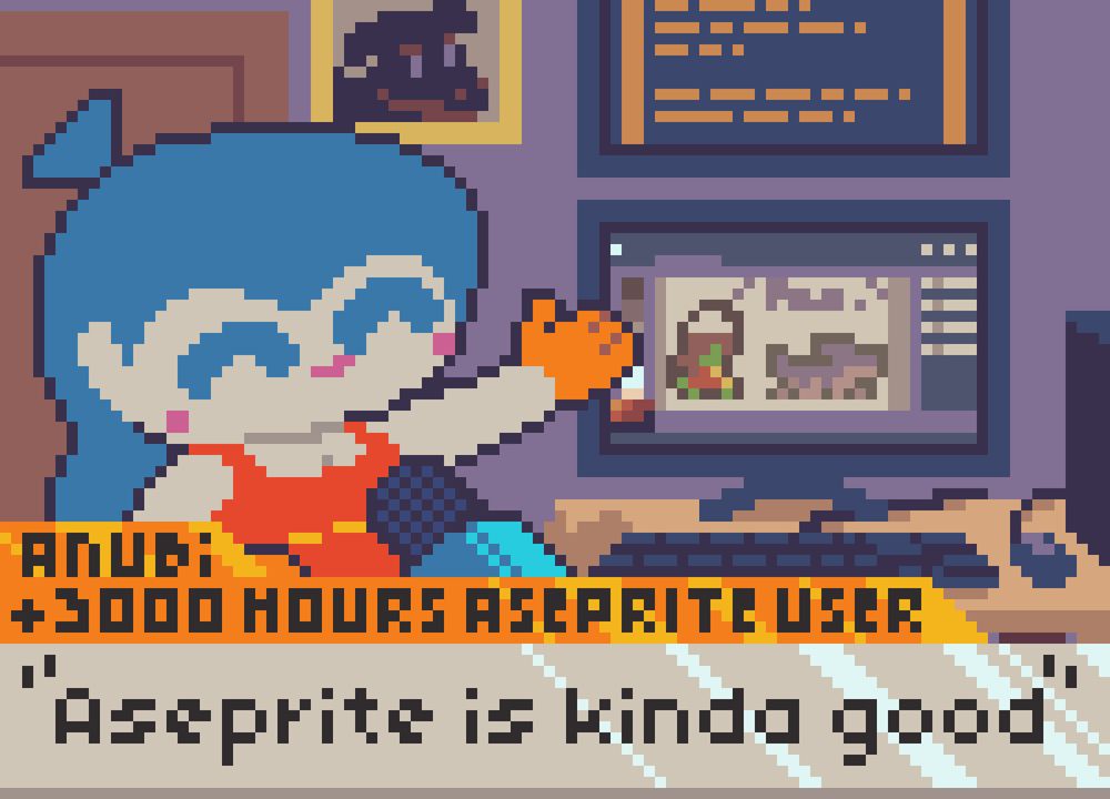 A Pixel Art featuring Anubi Clown in an interview, extending her hand to the PC at the background, which shows an art software open. The title says in quotes "Aseprite is kinda good", while the subtitle says "Anubi: +3000 Hours Aseprite User".

not sponsored by the way, i just think it's neat.