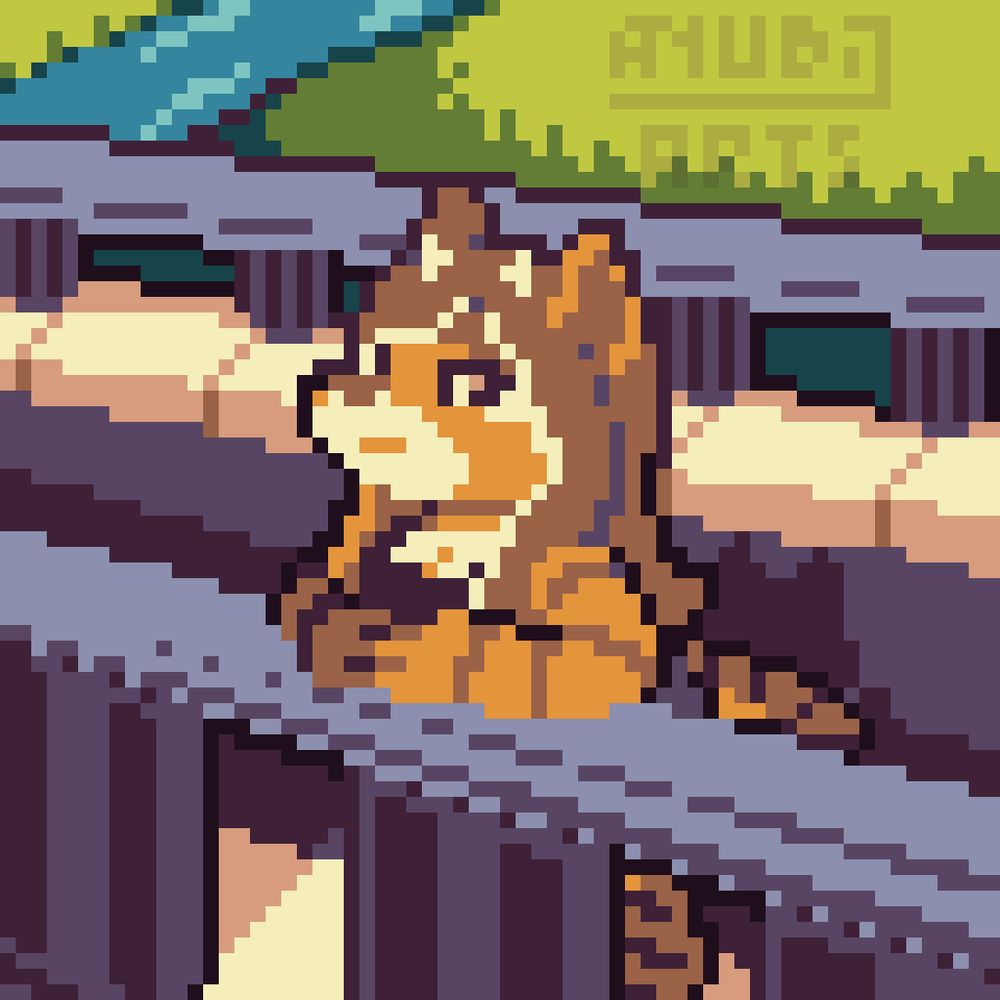 A Pixel Art featuring Maciek's fursona, Eyrie.
She's standing on a bridge railing, looking towards the unvisible sky with a neutral expression, probably thinking about the third dimension. There's a field with a river in the background.