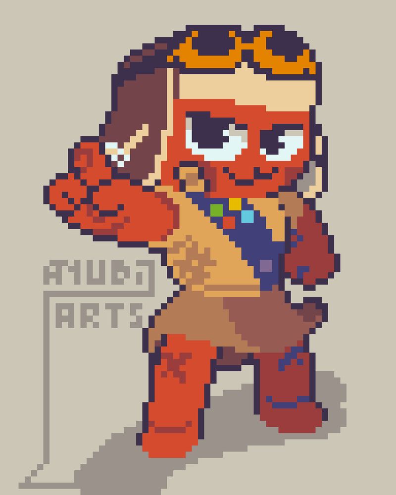 A Pixel Fanart of PEAK (2025), featuring my in-game character, a red scout wearing a trapper hat with goggles and an old shirt and shirt, with dirt/scars around her. She has a bandaid in her face, and is looking with a smug expression to the right while doing a "No" gesture with her hand, moving her index finger from one side to the other.

While reading and/or listening to this, you can hear a faint "no no no" emanating from the art... 
