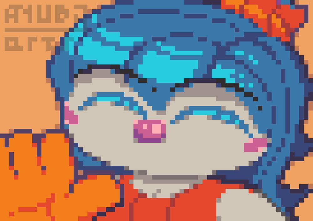 A Pixel Art featuring Anubi Clown. she's smiling (even though you can't see her smile) and greeting you. She has more detail all across the board, such as shading, highlights, anti-aliasing, and even some new things, such as a bow tie on her hair or her eyebrows being visible.

You can tell there's a higher budget because even the alt text goes more into detail.