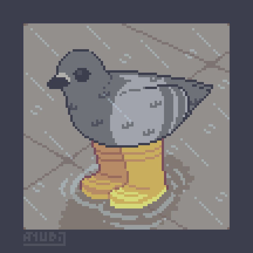 A Pixel Art Redraw of a bird standing in a wet floor while there's some rain happening. The bird is wearing big rain boots.