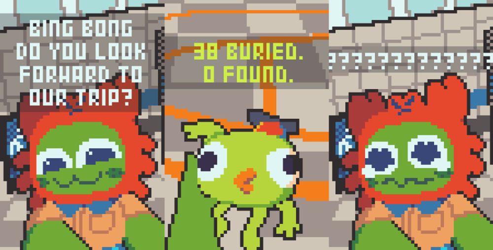 A 3 part pixel fanart based on PEAK... the game.

Part 1: At the airport, a green scout with a cute face and wearing a crab hat is asking Bing Bong "Bing Bong, do you look forward to our trip?"

Part 2: Bing Bong, a deformed but lovable plushie with no ill says "38 buried. 0 found."

Part 3: The green scout is crying, confused at what Bing Bong meant, with multiple question marks above them.