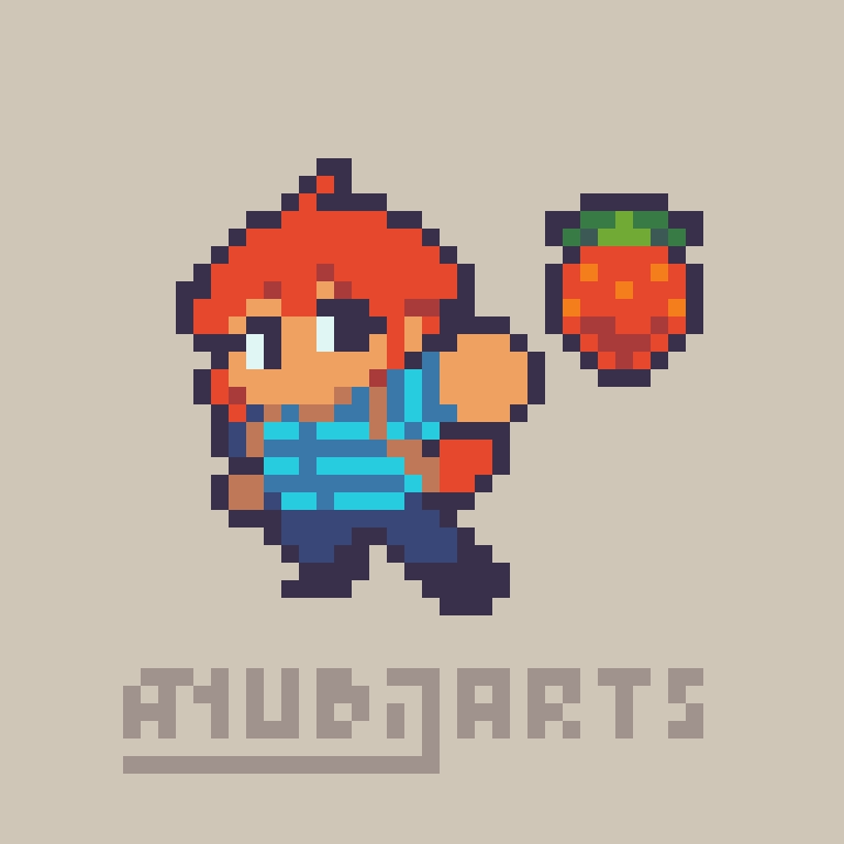A Pixel Fanart featuring Madeline from Celeste, reaching out her arm to grab a strawberry on the air.

why do strawberries float in this world