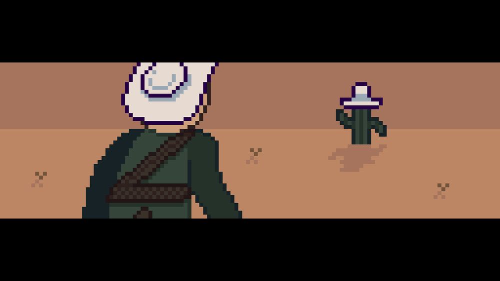 The original Pixel Art between the cowboy and the cactus, made in 2021.

In this one the cowboy is just staring at the cowcactus, in a more simpler pose. The black bars are also more traditionally positioned at the top and bottom.