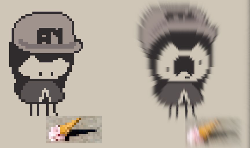 A Pixel Art featuring Tiny Anubi looking at a realistic ice cream that fell on the floor. After processing what she just saw, she proceeds to scream very loudly, so much so that there's a blur effect around her.

do you get what i mean