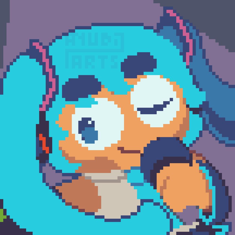 A Pixel Fanart featuring Hatsune Miku, combined with a monkey from the Bloons TD (Tower Defense) series. She's holding a mic close to her face, about to sing a song while looking towards the left.
