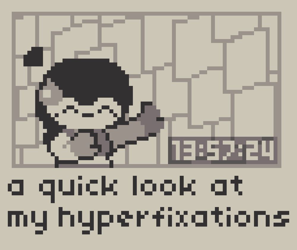 A Pixel Doodle featuring a video titled "a quick look at my hyperfixations". The video is almost 14 hours long and the thumbnail features anubi clown trying to explain every single of the mess of papers behind her, she's also has a big sweat drop on her head.