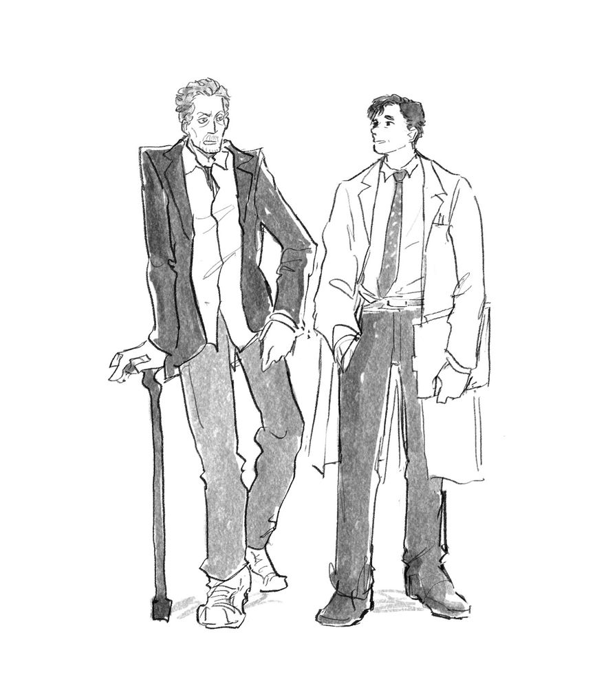 Sketch of house and Wilson standing by each other