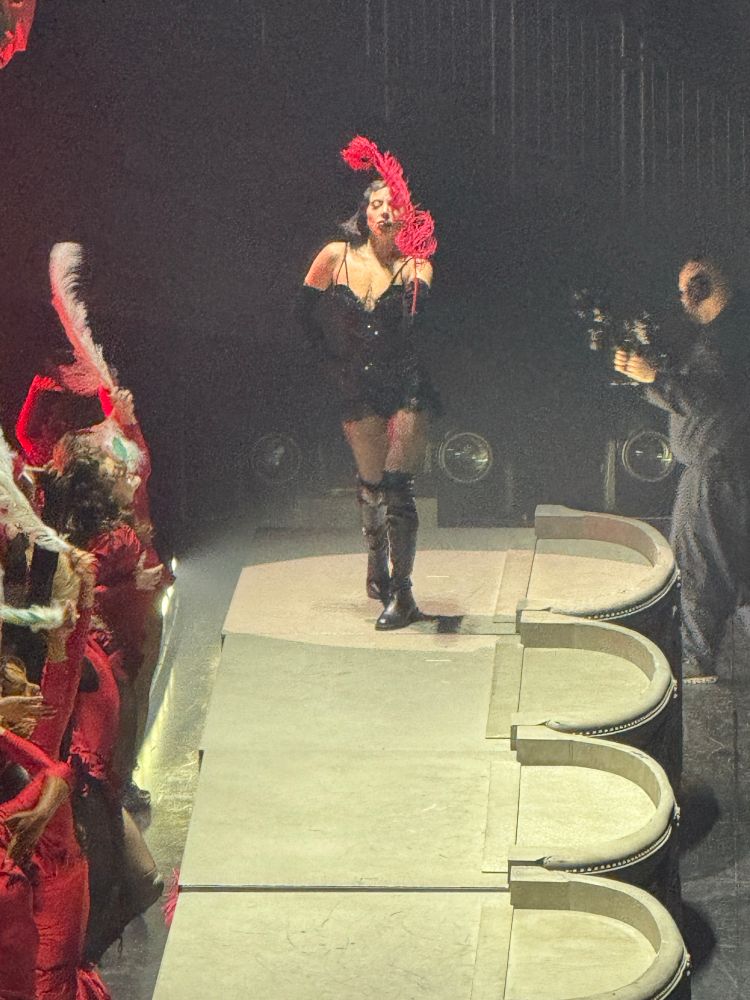 Lagy Gaga walks confidently down a stage runway, wearing a black outfit with thigh-high boots and a dramatic red feathered headpiece. She holds a microphone, mid-performance, with expressive facial features. To her side, a cameraman captures the moment up close. On the left side of the image, several dancers in red costumes with feathered accessories cheer and raise their arms, adding energy to the scene. The lighting is theatrical and moody, emphasizing the bold, cabaret-style aesthetic of the performance.