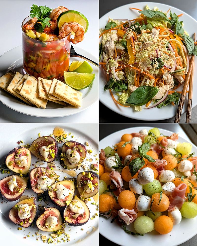 1. Mexican shrimp cocktail. 2. Vietnamese chicken salad. 3. Melon, mozzarella, and prosciutto. 4. Figs with goat cheese, pistachio, and honey.