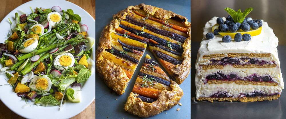 Spring veggie salad, cheesy carrot harissa galette, and lemon curd blueberry icebox cake.