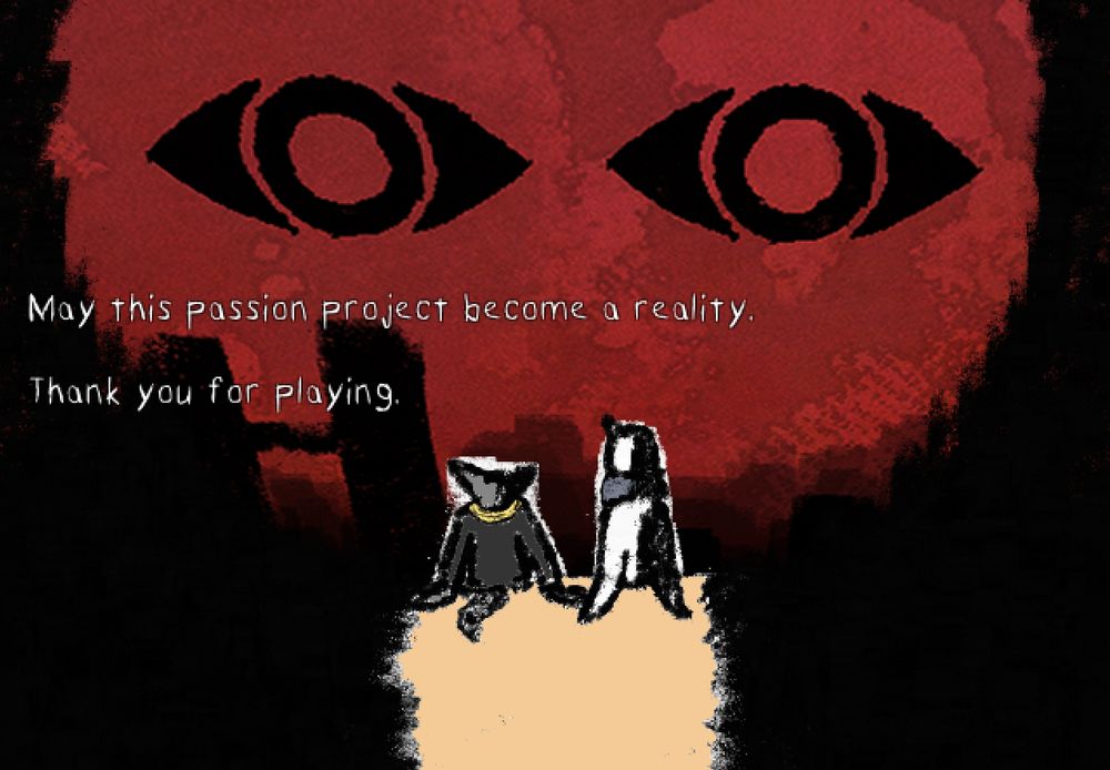 A red sky above a black city with two large eyes looking down on Solatium and Tempus. They're sitting and staring back. The text reads, "May this passion project become a reality. Thank you for playing."