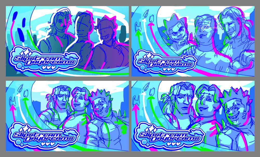 four thumbnails for key art. they each feature a sweeping blue road with antigravity vehicles zooming along it, followed by coloured trails. there are three figures on the right, the main characters capital, orion, and maxime. there's a shiny logo that reads 'slipstream daydreams' in the bottom left corner.
