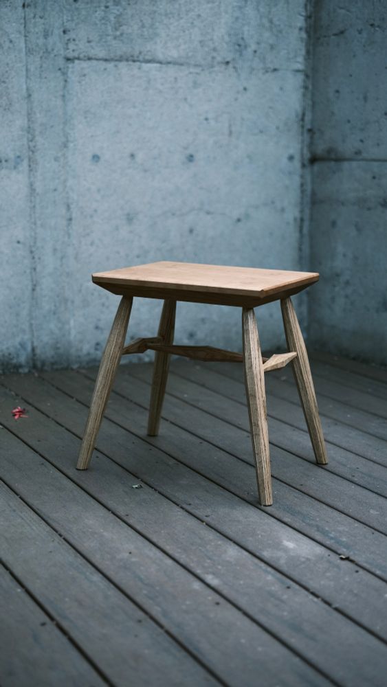Side view of a stool made with a cherry top and oak legs/undercarriage