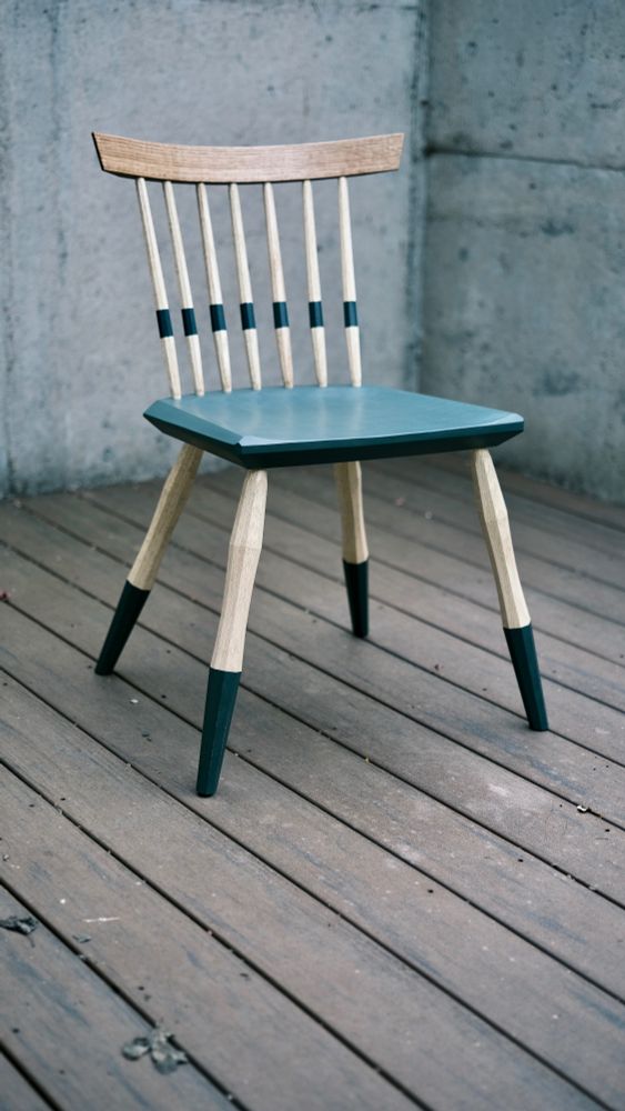 A side chair made from black oak sapwood+heart wood and poplar. Finished will milk paint and beeswax/linseed oil. 