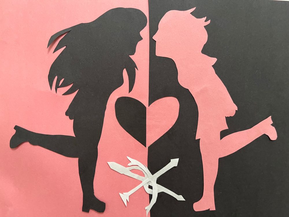 Dual-tone pink and black artwork of the figures of two women leaning forward about to kiss. One side is pink and the other is black, with the women being the opposite color to the background. There's a heart between them, and each half matches them. Underneath that, in a splash of white, a lance and a bow, Marcia and Astrid's weapons respectively, cross. 