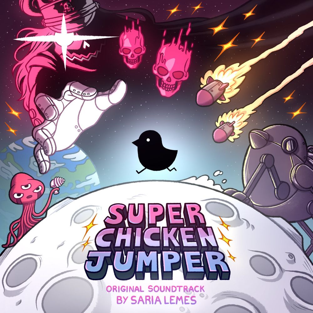 Cover art for Super Chicken Jumper. The game's protagonist, a black simplified monochromatic drawing of a chicken, is running on the center atop a small moon, and around it are enemies, including a big chicken robot, an octopus alien with 3 eyes holding a zapper, and the game's villain blending with the background reaching to the protagonist with her hand.